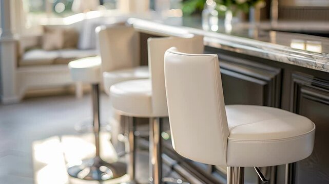 A group of three white leather bar stools line a marble countertop ideal for enjoying a quick bite to eat.