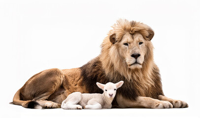 Obraz premium León y cordero sentados en paz