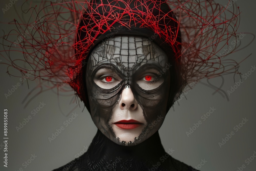 Poster dark and mysterious portrait of a woman in an intricate headpiece combining gothic and avant garde e
