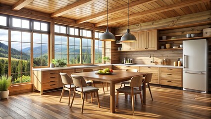 Wooden home kitchen interior featuring a dining table and cabinet, with a panoramic window , wooden, home, kitchen