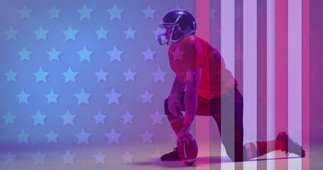 Image of caucasian american football player kneeling and flag of usa