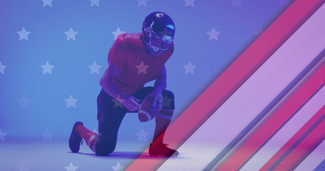 Image of caucasian american football player kneeling and flag of usa