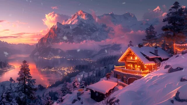 Winter chalet in snowy mountains with warm lights and breathtaking view. Alpine serenity concept