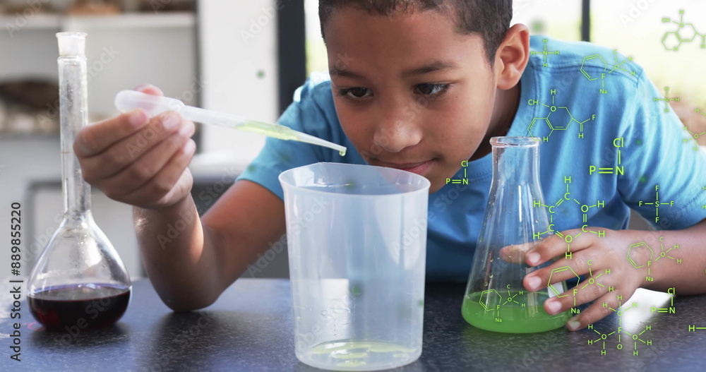 Poster conducting science experiment, child using pipette over chemical formulas image