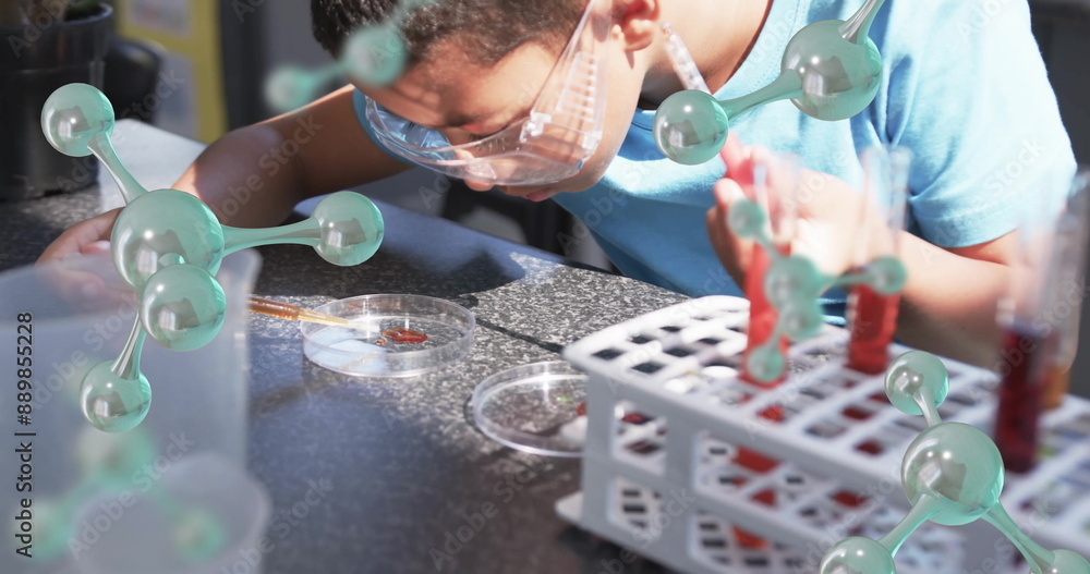 Poster conducting science experiment, child in lab goggles with molecular structures image