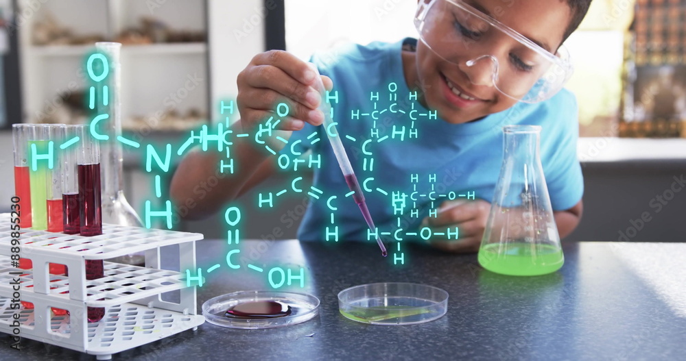 Poster conducting science experiment, child with safety goggles using pipette over chemical formulas image