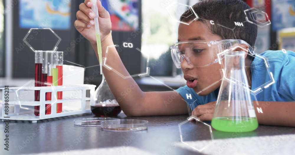 Poster conducting science experiment, child with safety goggles using pipette over chemical formulas image