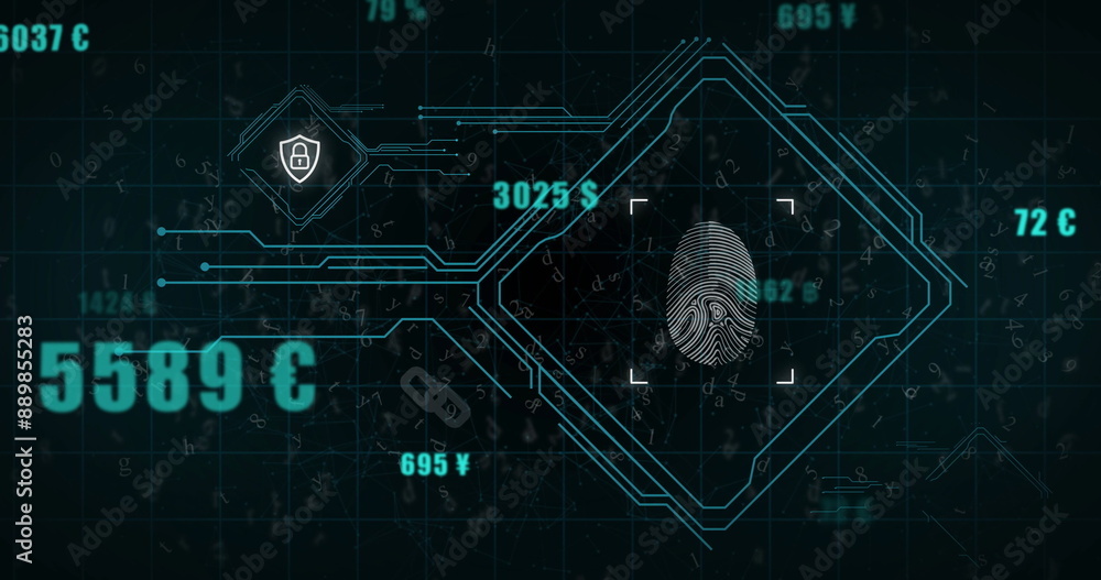 Poster image of biometric fingerprint and data processing over black background
