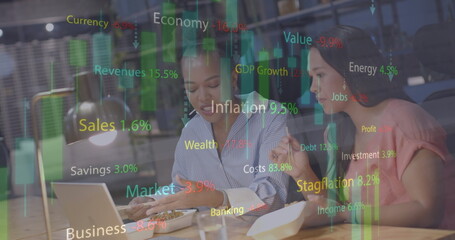 Image of financial data processing over diverse female colleagues using laptop at casual office