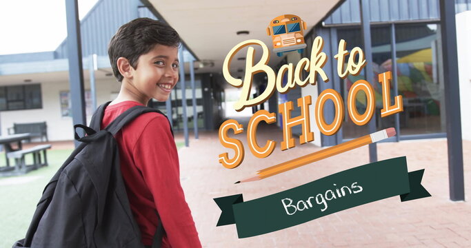 Smiling boy with backpack walking in school corridor, Back to School Bargains text over, image