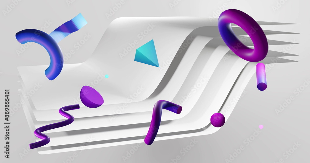 Poster image of abstract shapes moving over waving layers background