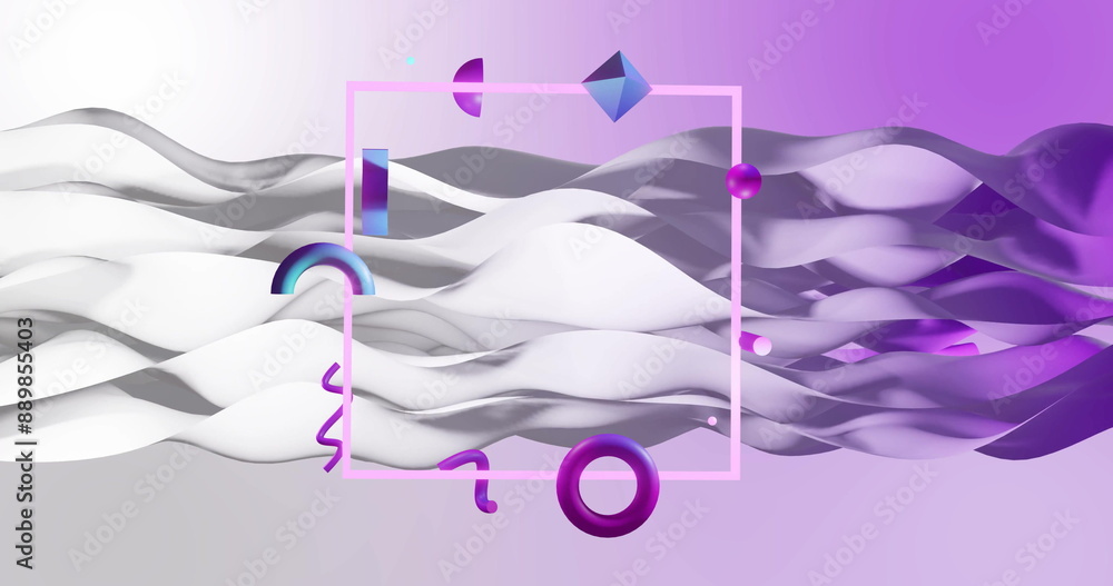 Poster image of neon frame and abstract shapes moving over waving layers background