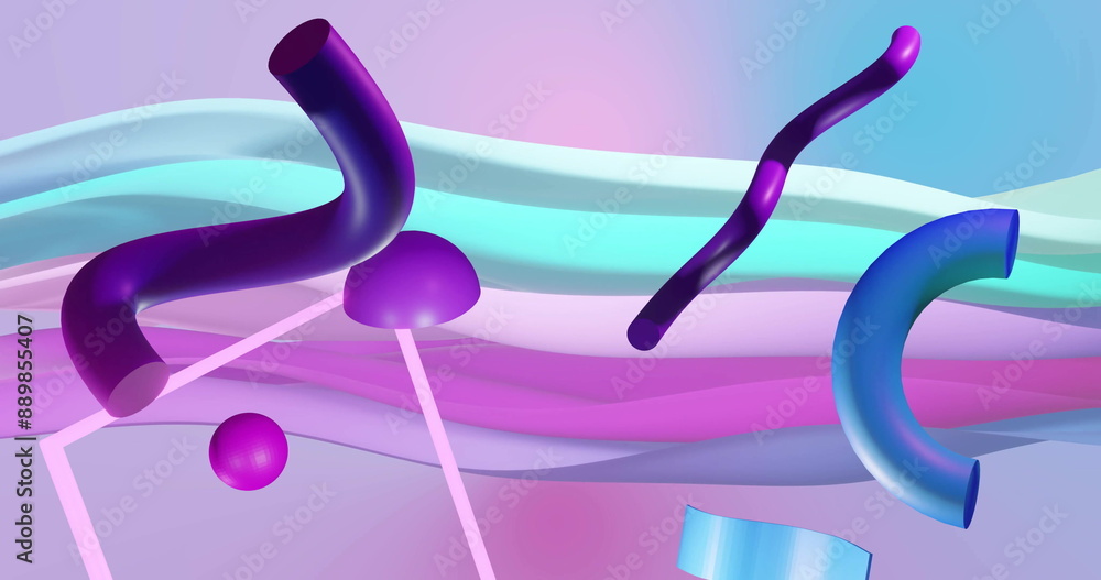 Poster image of neon frame and abstract shapes moving over waving layers background