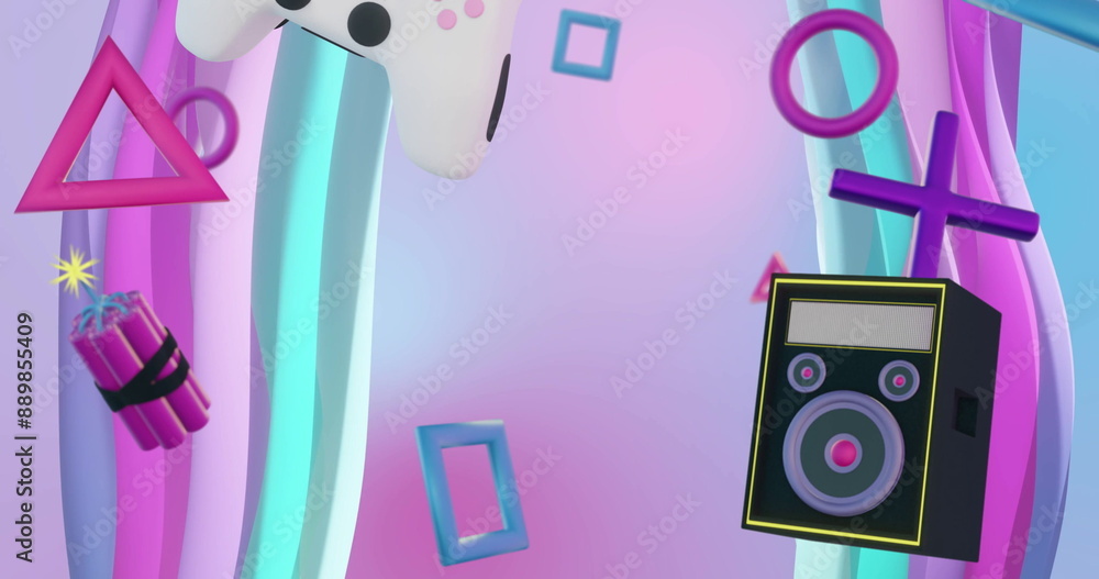 Poster image of image game items and shapes moving over waving layers background