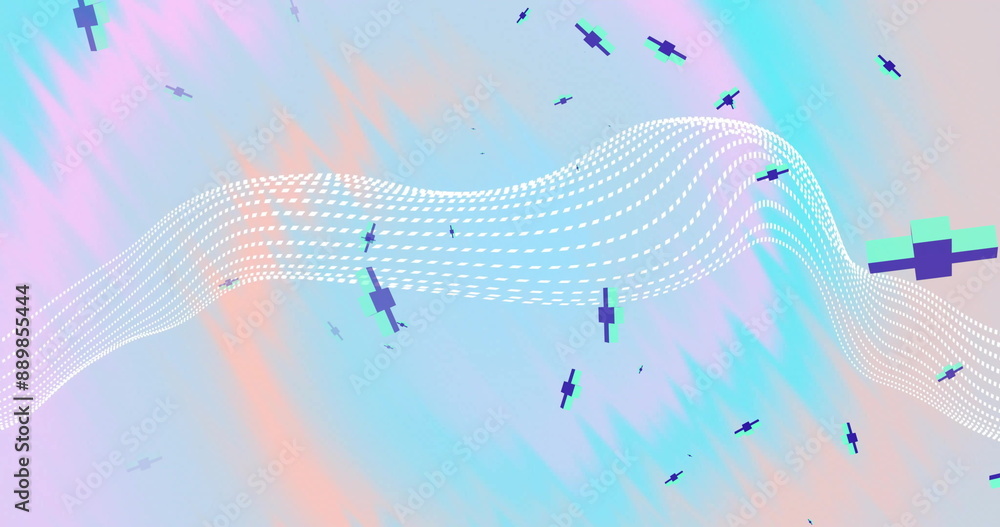 Poster image of abstract waving shape moving on multi coloured background