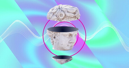 Image of ancient sculpture head moving over circles and waving multi coloured background
