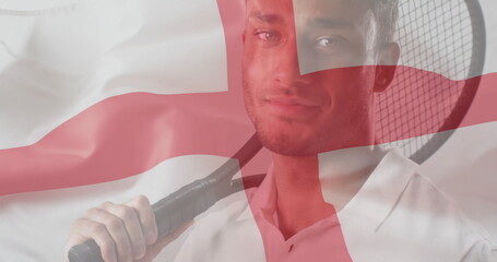 Image of flag of england over caucasian male tennis