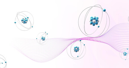 Image of atoms moving over waving multi coloured background