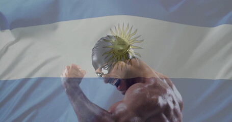 Image of flag of argentina over caucasian male swimmer