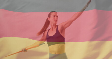Image of flag of germany over caucasian female javelin thrower