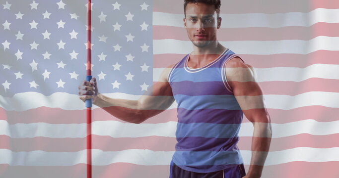 Image of flag of usa over caucasian male javelin thrower - Powered by Adobe