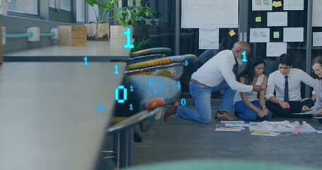 Image of binary coding data processing over diverse business people in office
