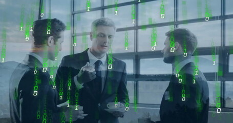 Image of binary coding data processing over diverse business people in office