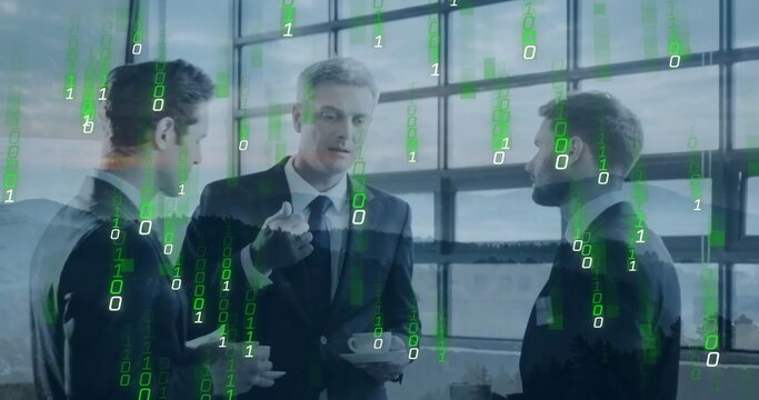 Image of binary coding data processing over diverse business people in office