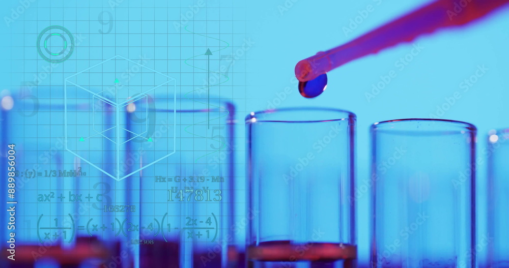 Poster image of scientific data processing over test tubes in laboratory