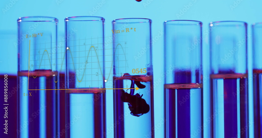 Poster image of scientific data processing over test tubes in laboratory