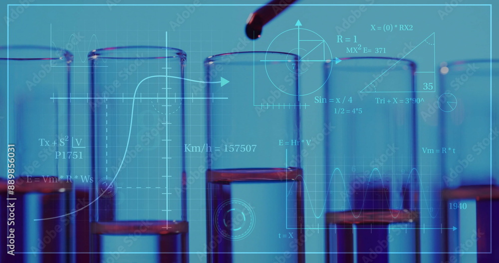 Poster image of scientific data processing over test tubes in laboratory