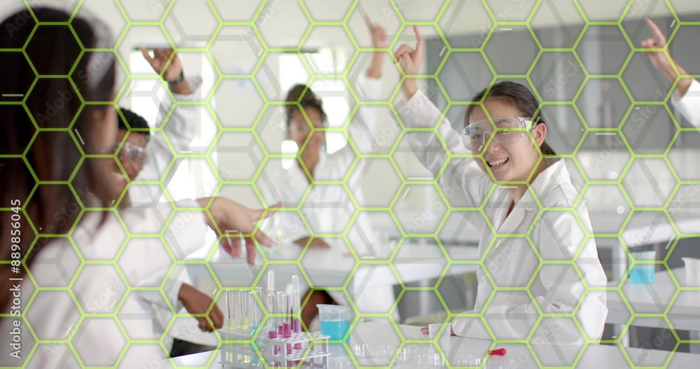 Poster image of scientific data processing over diverse scientists in laboratory