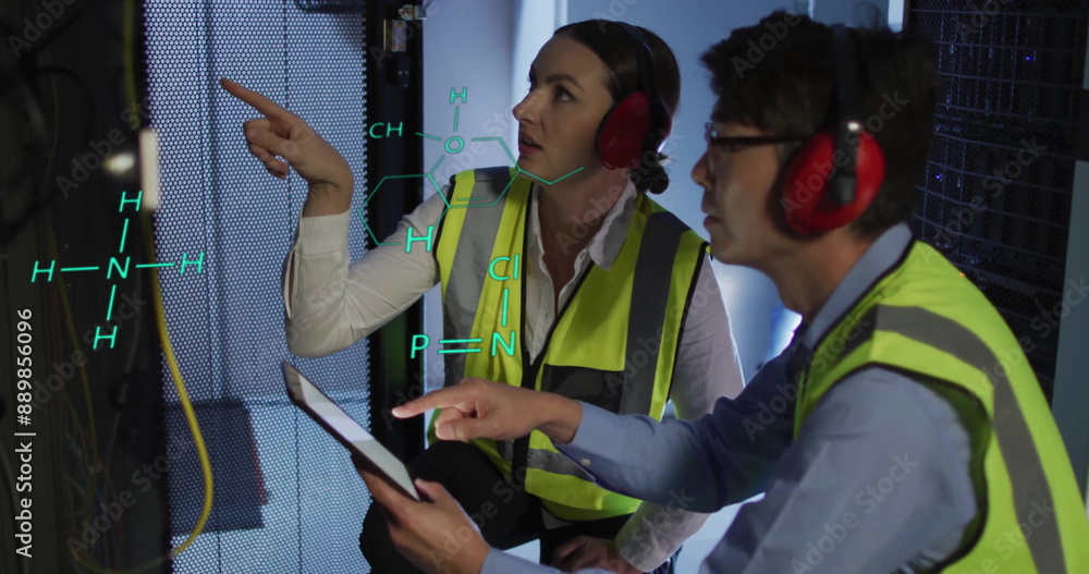 Aufkleber image of scientific data processing over diverse it technicians by servers