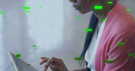 Image of binary coding data processing over diverse business people in office