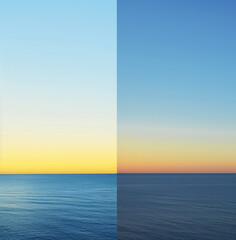 Fototapeta premium Minimalist ocean horizon at sunset and sunrise, split view 