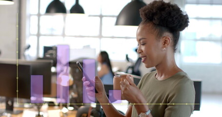 Image of financial data processing over african american businesswoman in office