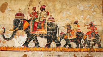 Mughal Emperor on an Adorned Elephant in a Procession: Indian Miniature Painting