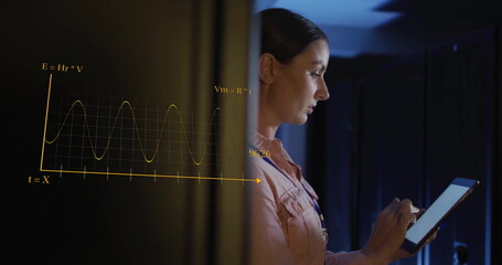 Image of scientific data processing over caucasian female it technician by servers