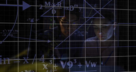 Image of scientific data processing over caucasian female it technician by servers