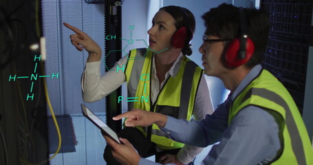 Image of scientific data processing over diverse it technicians by servers