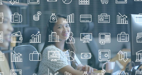 Image of financial data processing over biracial businesswoman in office