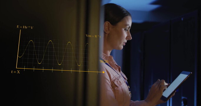 Image of scientific data processing over caucasian female it technician by servers