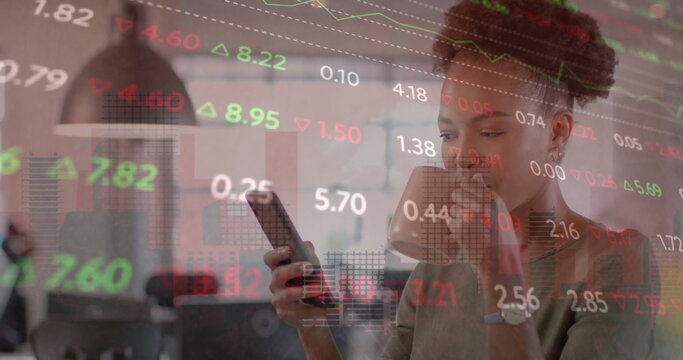 Image of financial data processing over african american businesswoman in office