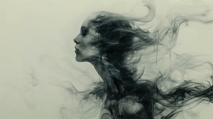 Fototapeta premium Dreamlike Abstract Portrait of a Woman with Swirling Black Inks and Smoky Elements in a Subdued Monochromatic Digital Artwork