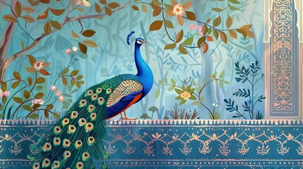 Peacock and Palace in a Traditional Mughal Forest Garden: Illustration for Wallpaper © Ahmad-Muslimin