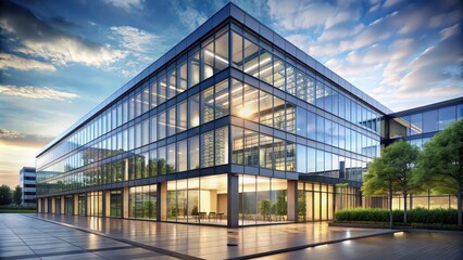 Obraz premium render of modern office building with glass facade, architecture, commercial, contemporary, design, digital, exterior
