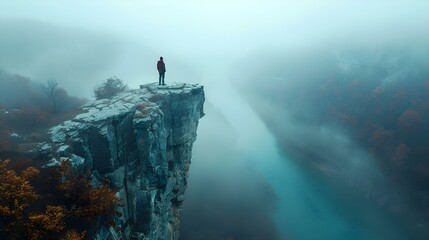 Obraz premium Man standing alone on cliff edge enjoying aerial view