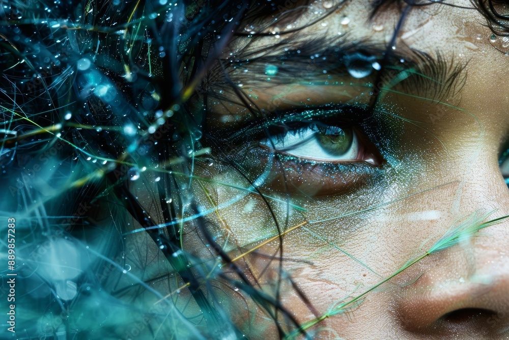 Poster intense close up of a cybernetic face with digital elements showcasing futuristic technology and adv