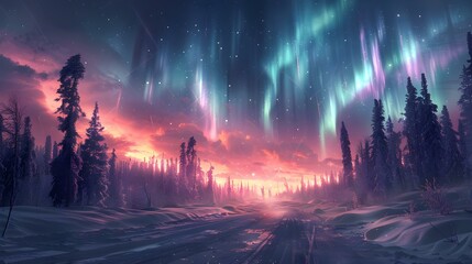 Fototapeta premium Aurora borealis over pine forest along the road