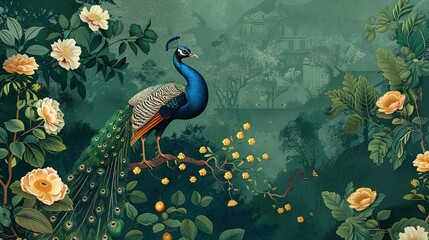 Peacock and Palace in a Traditional Mughal Forest Garden: Wallpaper Illustration
